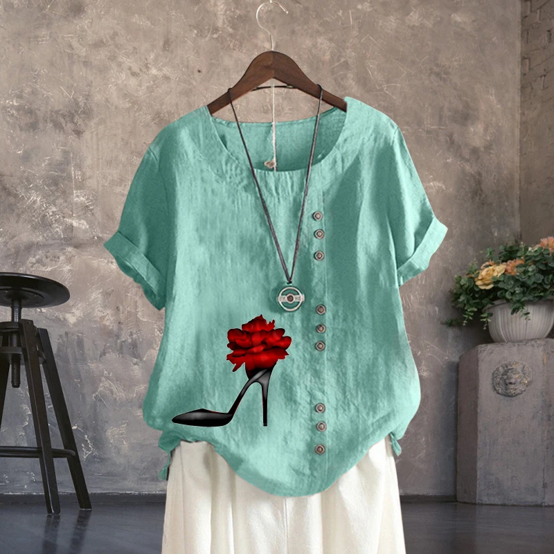 

Casual Women T Shirt Lady's Pullover Women's Clothing Round Neck High Heel Shoe Pattern Loose Linen Short Sleeve Top Pullover