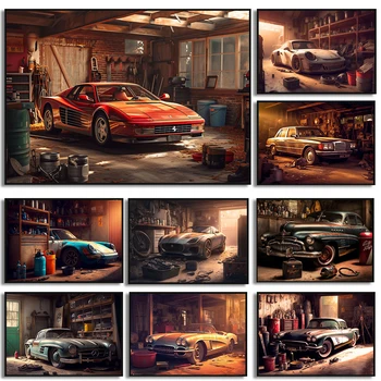 Garage Luxury Old Car Classic 80s Vintage Sports Car Posters and Prints Canvas Printing Wall Art Picture for Living Room Decor 1