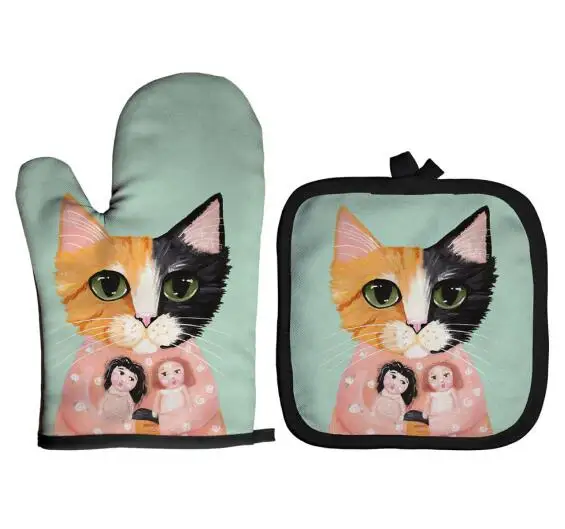 Guanto da microonde con motivo gatto blu Guanti da forno carini e tappetino in poliestere Guanto da forno Isolamento Presina Utensili da cucina Accessori  15