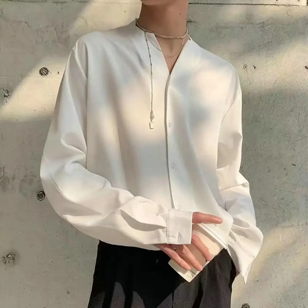 

Men Shirt Collarless V-neck Long Sleeve Single-breasted Shirt Top Loose Fit Solid Color Casual Office Shirt