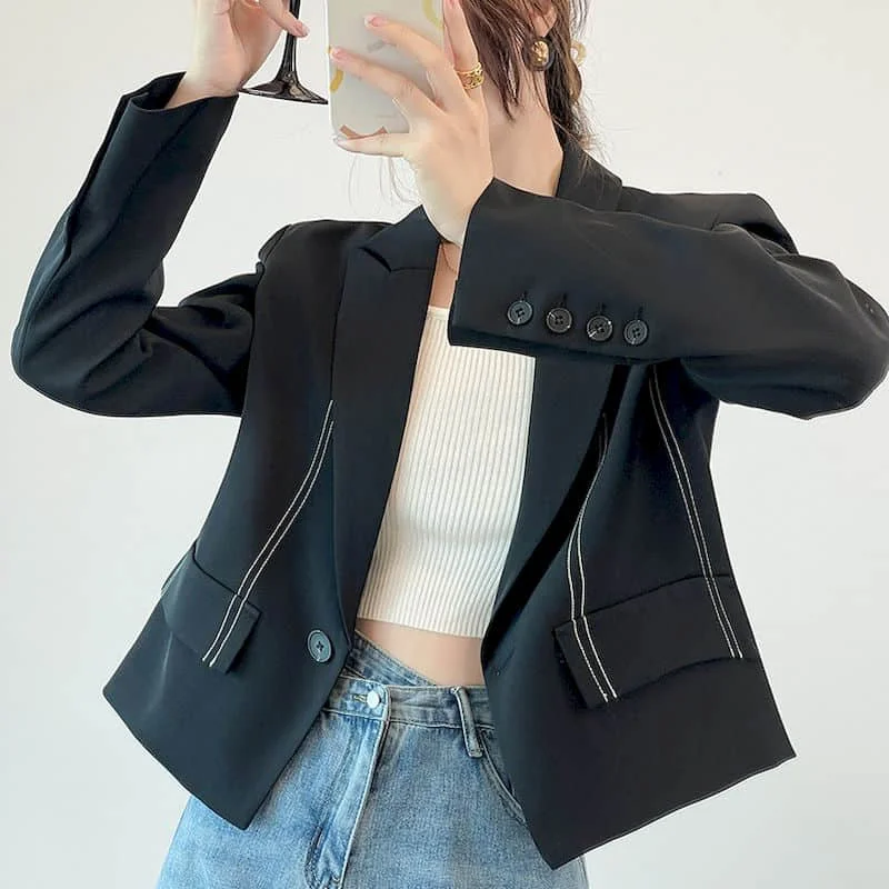 

Blazers for Women Elegant Stylish Long Sleeve Casual Jackets Vintage Solid Tailored Collar Cropped Coat Korean Style Women Tops