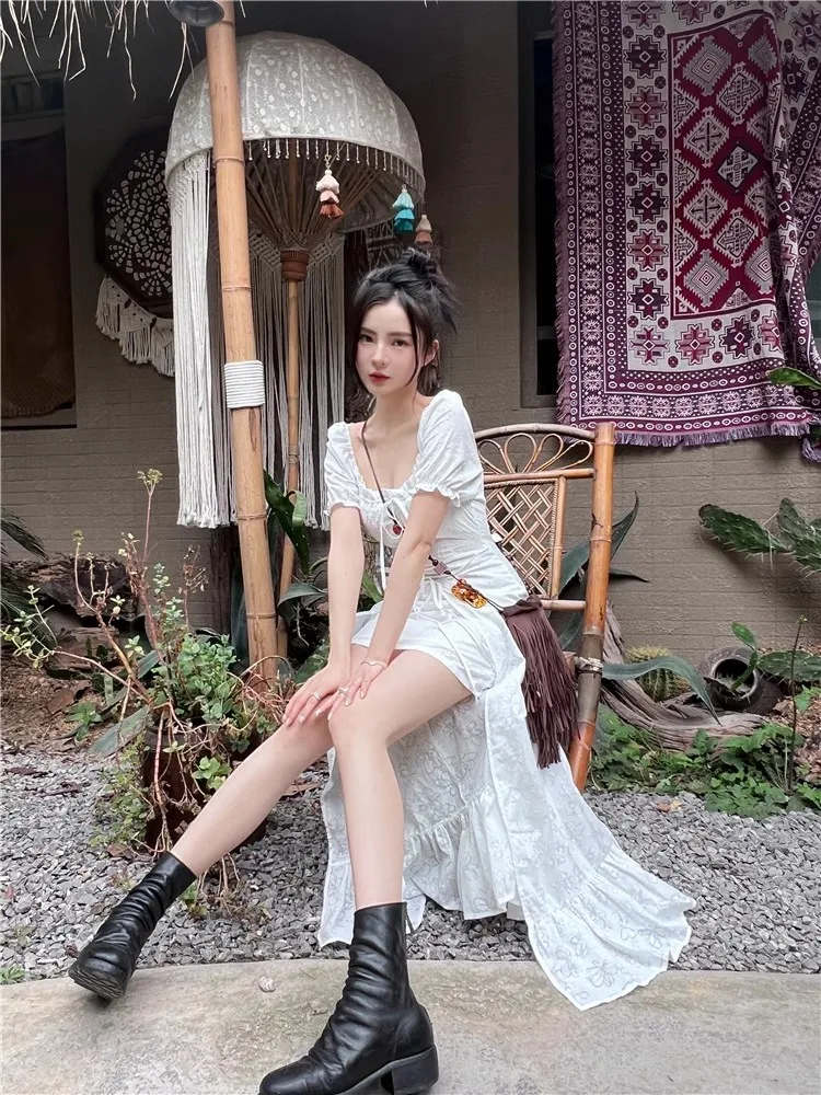 Y2K Long Dresses for Women Puff Sleeve Lace-up A-line Off Shoulder Club Party Dress Summer New Korean Chic One Piece Vestido