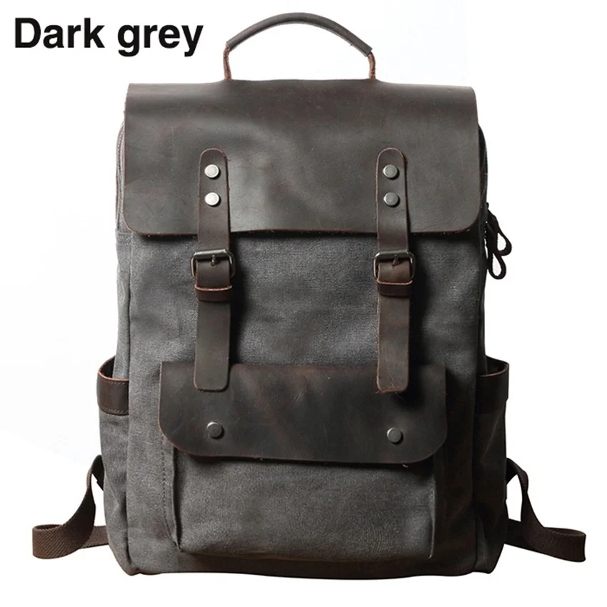 Vintage Men Canvas Backpacks Crazy Horse Leather Rucksacks Laptop Bagpack School Bags Mountaineering Travel Pack
