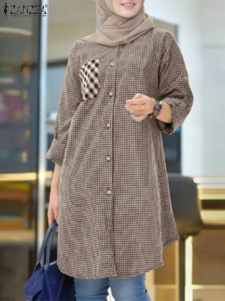 

ZANZEA Women Vintage Plaid Checked Long Shirt Autumn Long Sleeve Dubai Turkey Abaya Tops Islamic Clothing Muslim Blouse Kaftan