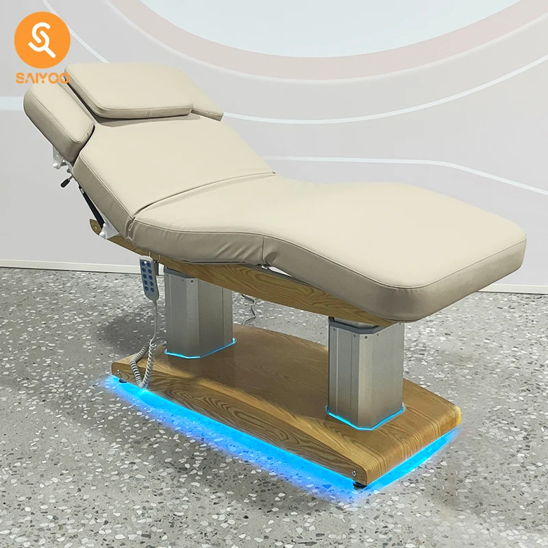 4-Motor LED Light Wood Grain Base Massage Bed with Full Tilt Function