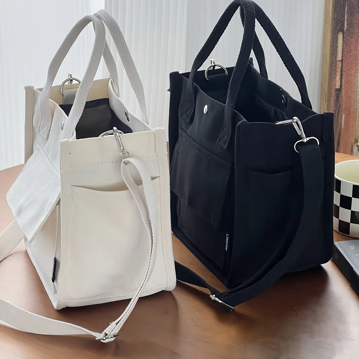 1pc Mini Canvas Tote Bag Multi Pocket Crossbody