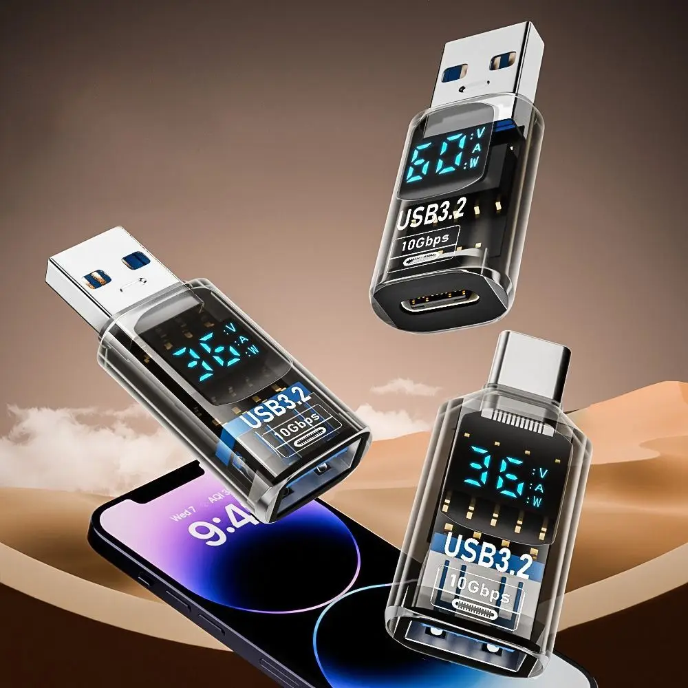 1PCS Digital LED Display USB 3.2 Adapter 10Gbps 36-60W Power Meter Tester Smart Chip Data Transmission USB C Extension 3