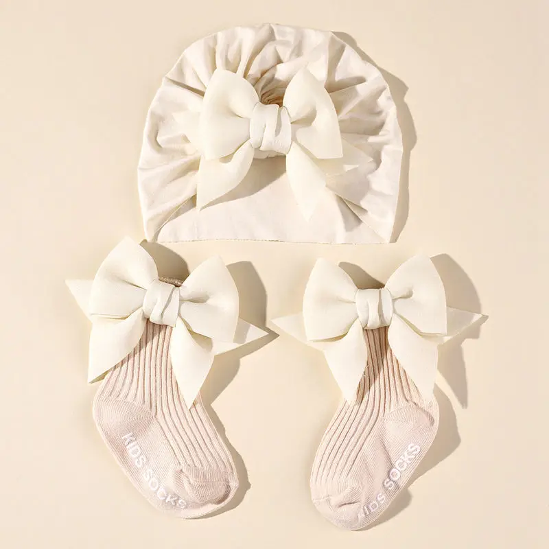 2pcs/set Baby Bow Hat with Socks Suit Newborn Boys and Girls Socks Cap Set Short Tube Sock+ Turban Hat for Autumn Spring H446 6