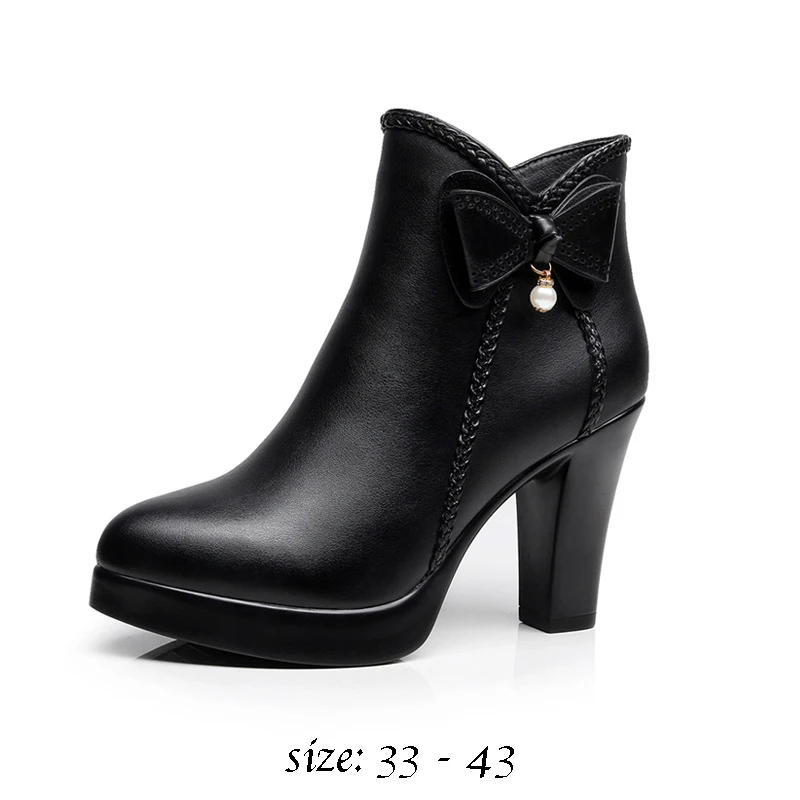 High quality short ankle leather boots for women 11cm high heel platform new 2023 autumn winter 33 42 43  elegant shoe - black