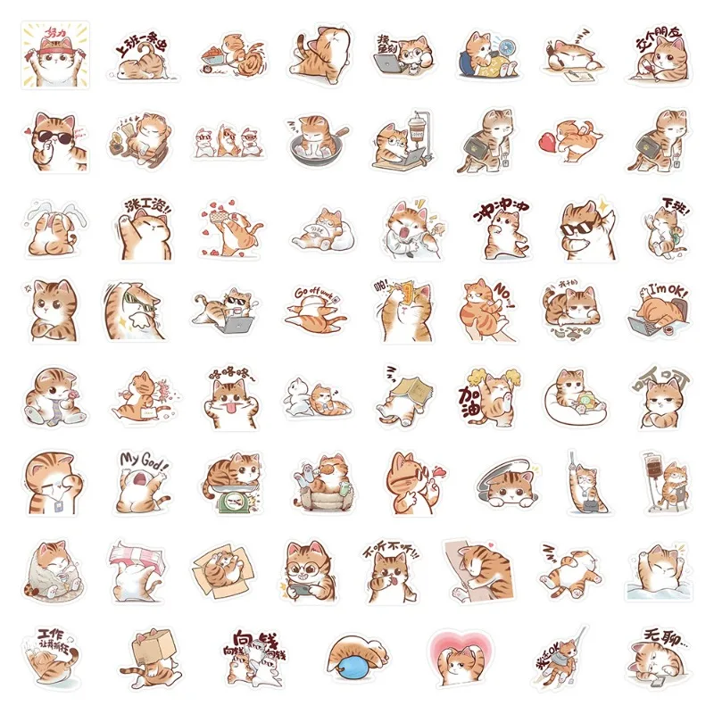 60개 귀여운 작업하는 고양이 데코 스티커 (컴퓨터, 노트북, 물컵, 냉장고, DIY 창의적인 저널용)