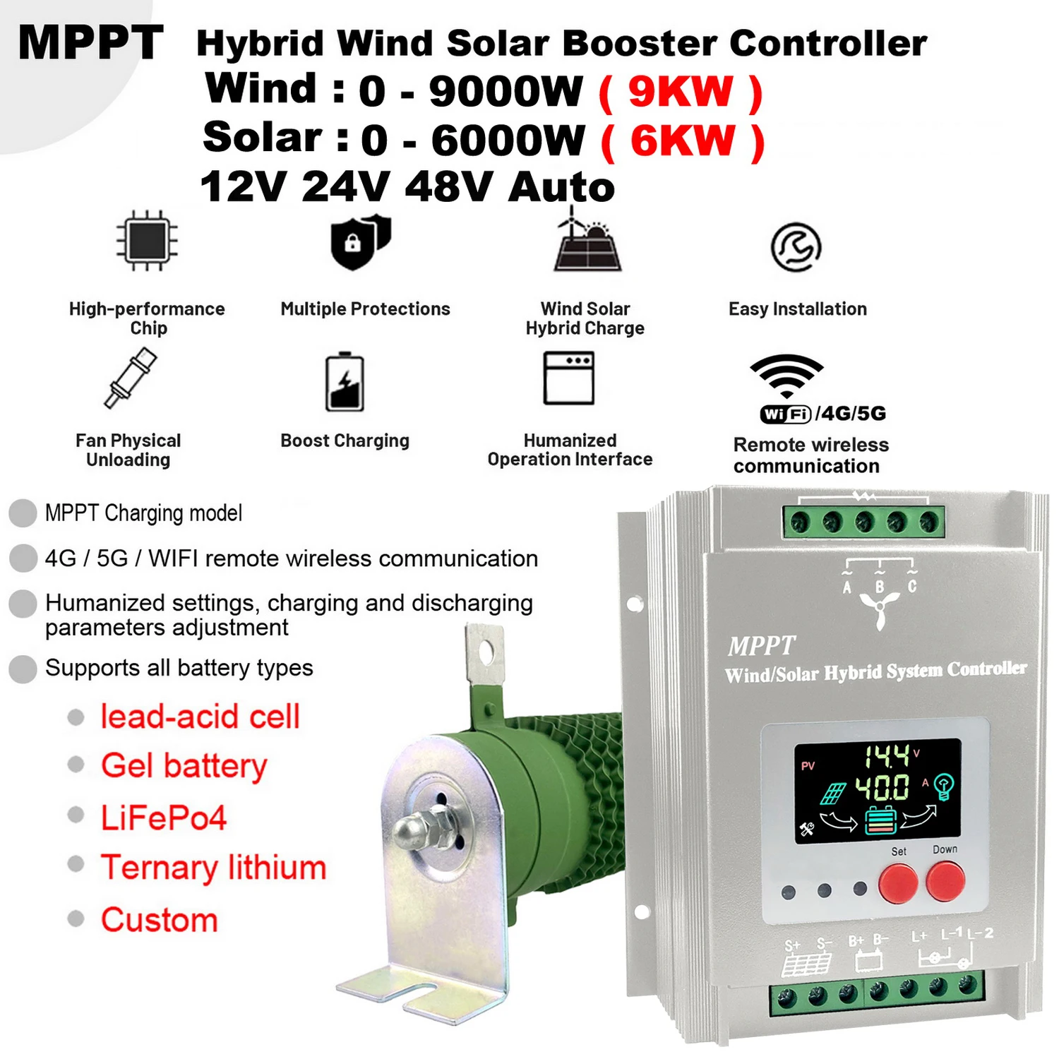 Contrôleur Hybride Solaire/éolien MPPT 2000W – 12V/24V/48V, Charge Double Source, écran LCD