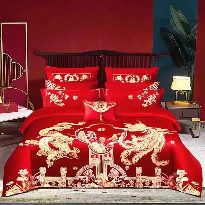 刺繍された赤い中国風のベッドリネンセット,掛け布団カバー,綿,無地  