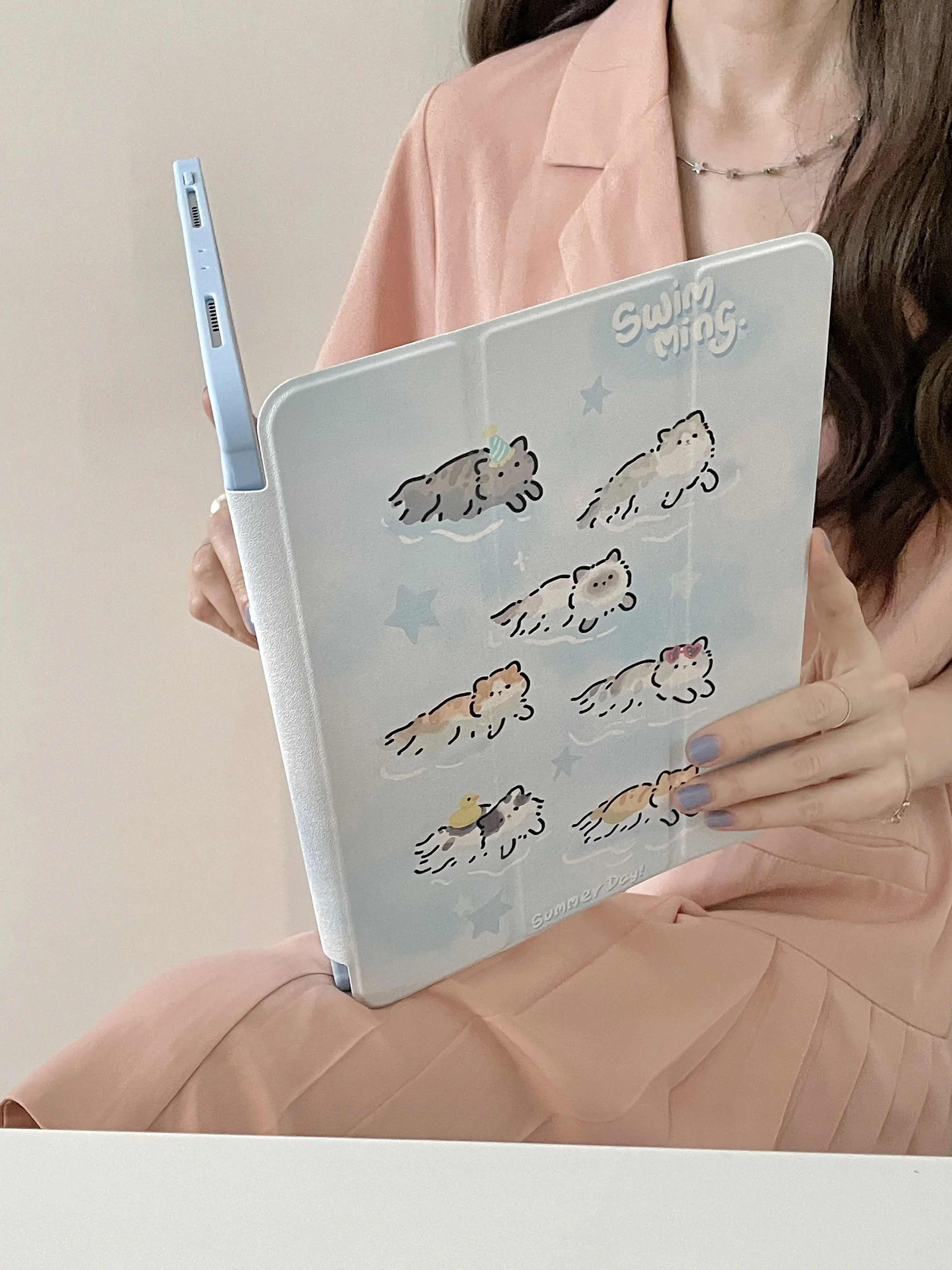 Capa de Gato de Natação para Ipad Capa com Slot para Lápis Bonito Novo 2023 Ipad 10th 10.9 Ipad Pro 11 12.9 10.5 9.7 Air 10.9 Mini6 - Imagem 3