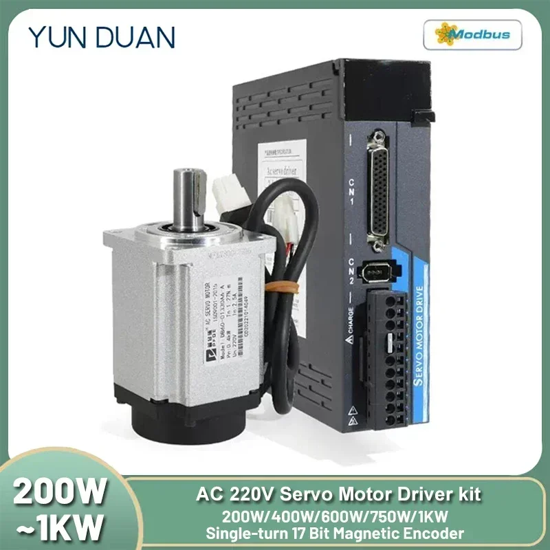 Servo Motor Drive Kit 200W/400W/600W/750W/1KW AC 220V 17bit Absolute Encoder Motor 60/80mm Flange Pulse RS485 0.64-3.18Nm