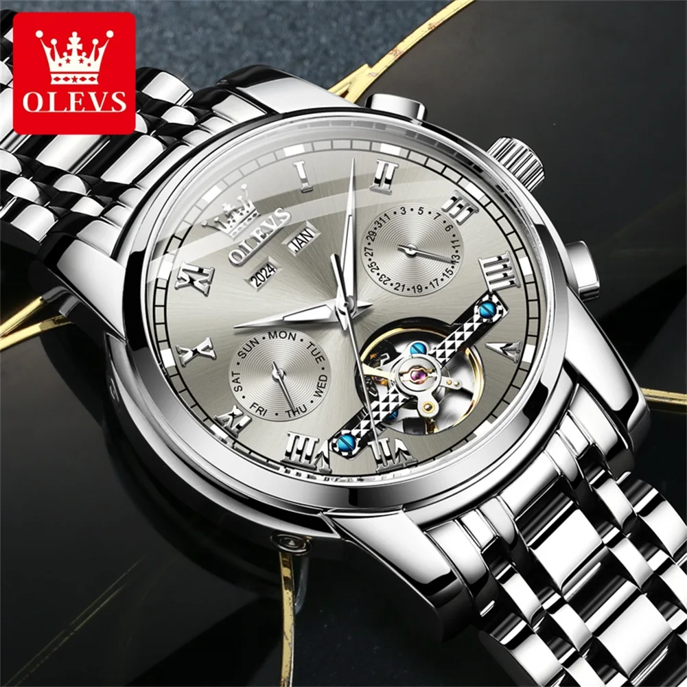 OLEVS 6607 Watch For Men Roman Scale Hollow Skeleton Man Mechanical Wristwatch Waterproof Luminous Week Calendar Original Watch