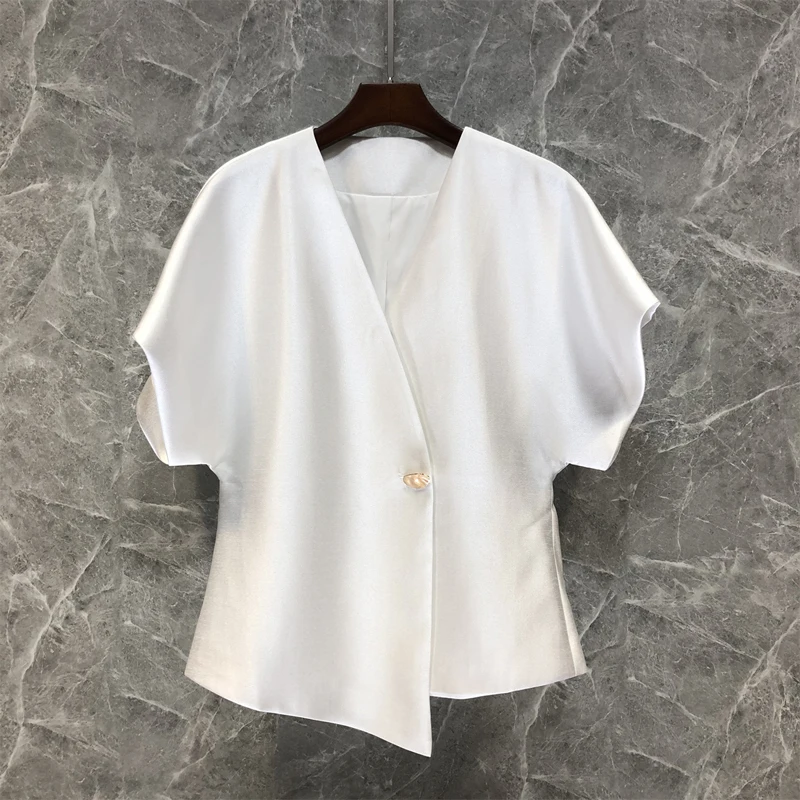 Xiaozi Xixi Irregular Short?sleeve Outerwear Small Suit Women Summer European Goods One Button Elegant Silk 44o8