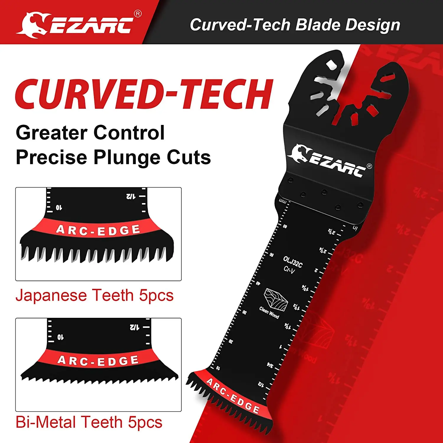 EZARC Oscillating Saw Blades, 10PCS Extra-Long Reach Arc Edge Multitool Blades with Japanese Teeth, Clean Cut for Wood and Metal