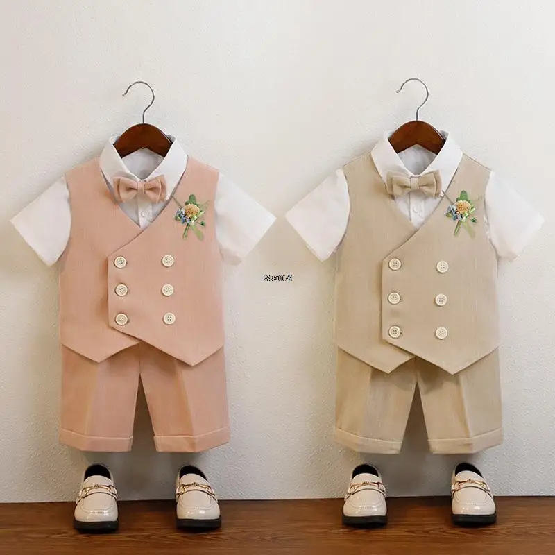 

Boys Summer Vest Shorts Performance Suit Children Formal Wedding Dress Kids Photography Suit Baby Birthday Ceremony Costume