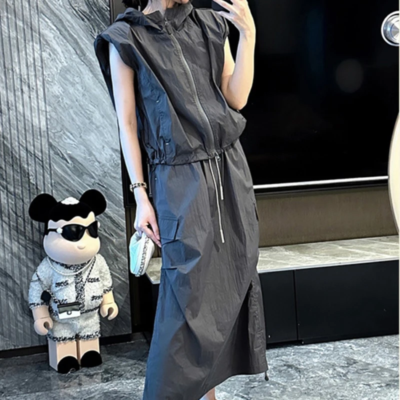 Hooded vest skirt two-piece women's summer sleeveless vest loose covered meat sleeveless suit vest for women fashionable temperament blue stitching slim dress 2022 new summer women s clothing covering meat and reducing age skirt