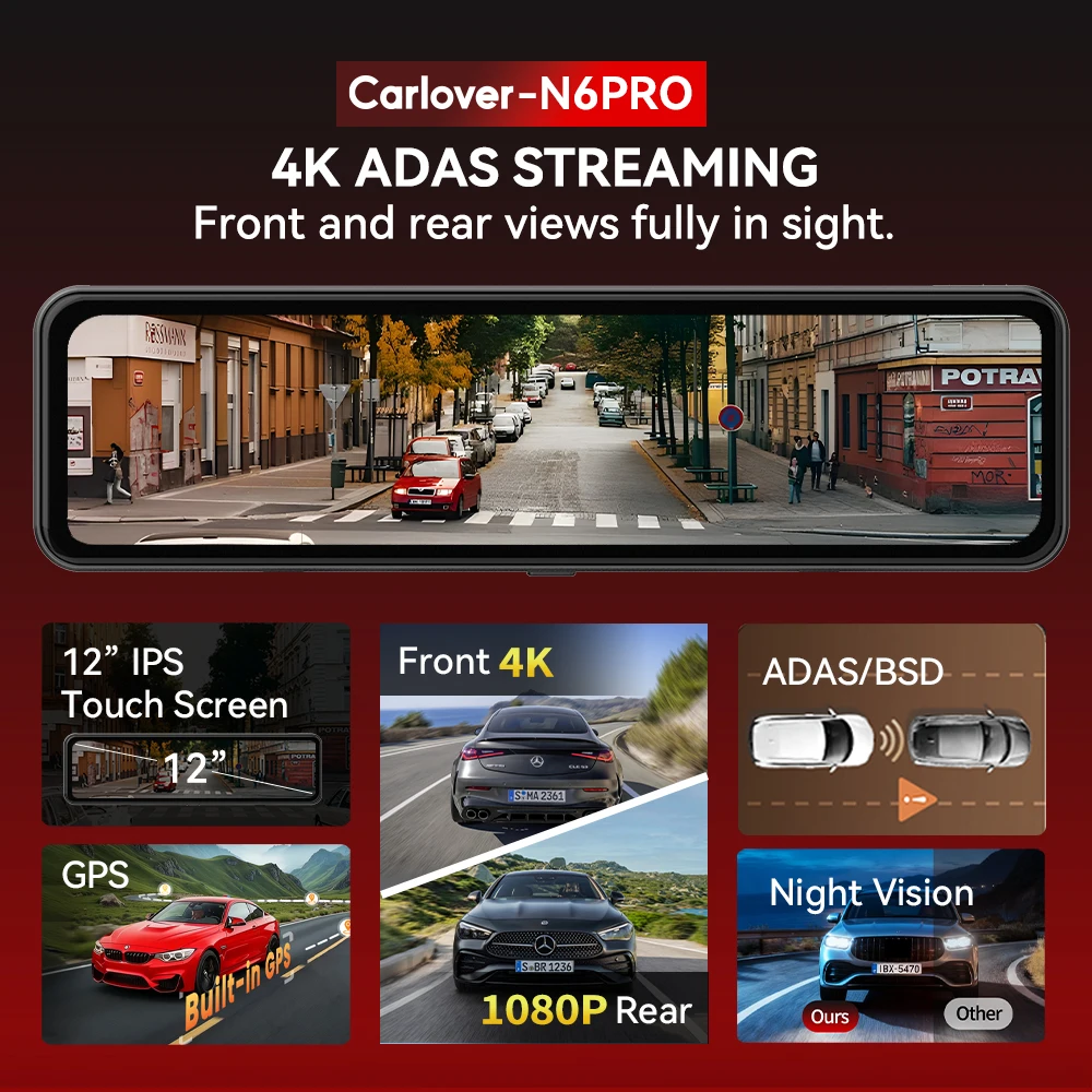 4K 12인치 ADAS WIFI 카러버 AI 대시캠 미러 전후방 듀얼 렌즈 야간 시야 주차 카메라