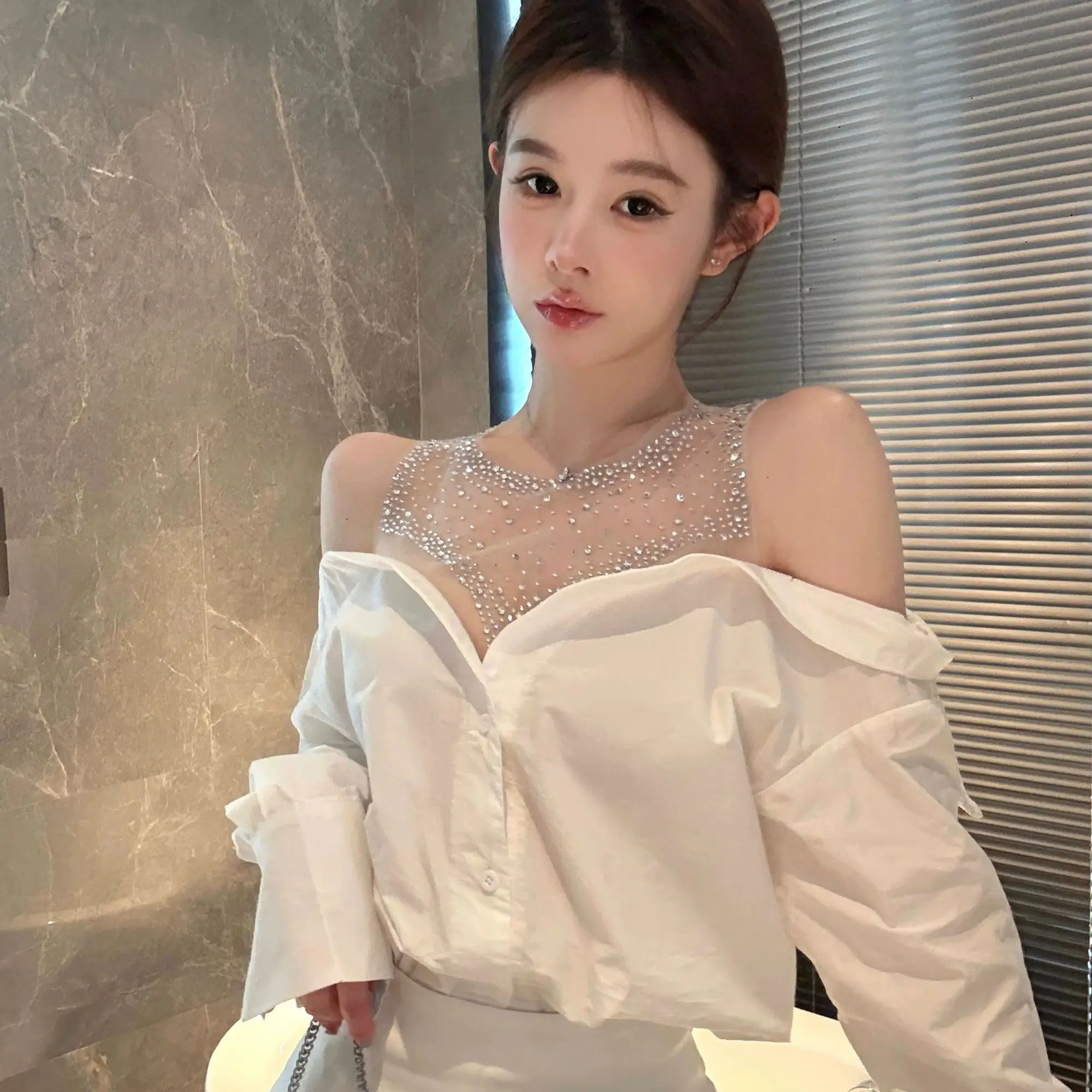 Women's Mesh Sequin Elegant Off Shoulder Shirt Long Sleeve Blouse - White Button-Up Design for Party & Casual Wear Top