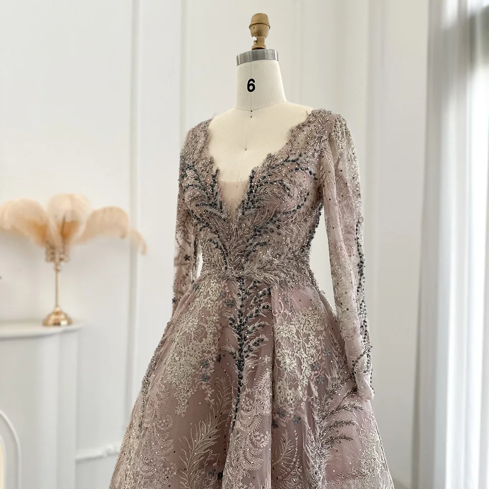 S57feab11de4b4f018f0933056ac24d9dT Elegant Long Sleeve Arabic Evening Dress V-Neck Dubai Luxury Crystal Muslim Plus Size Women Wedding Party Gown Mallzona