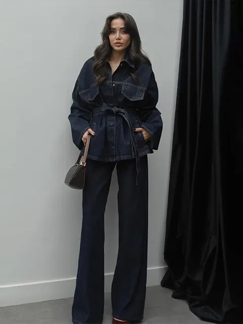 Vintage Belt Denim Jacket Pants Sets Women Lapel Single Breasted Lace Up Coat Straight Trousers 2025 Autumn Loose Lady Outfits 2