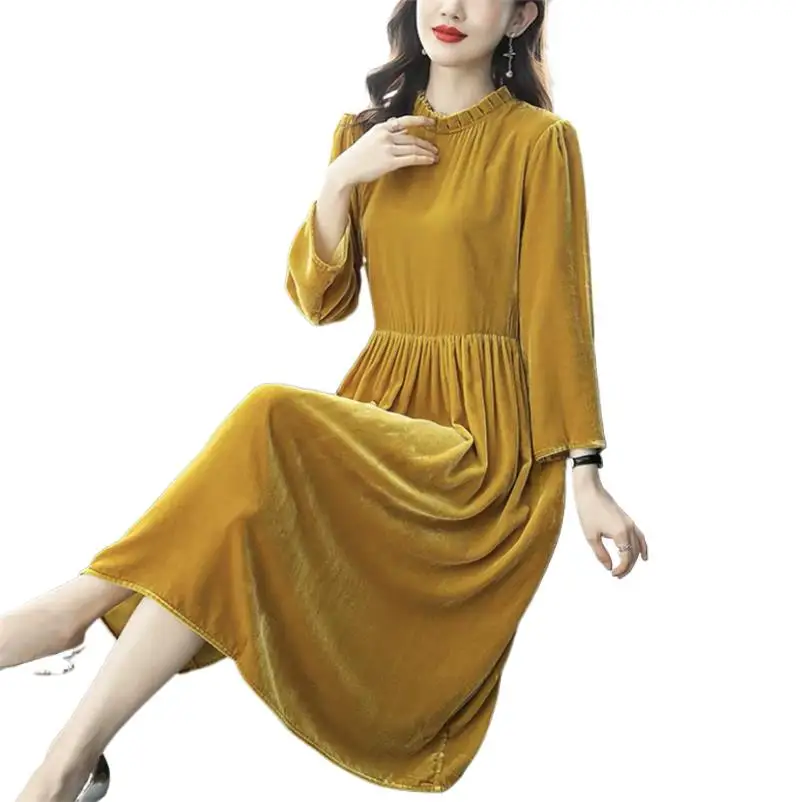 

Solid Velvet Dress for Woman Autumn Winter 2024 Ruffled Collar Long A-Line Dress Elegant High Street Clothing Vestidos