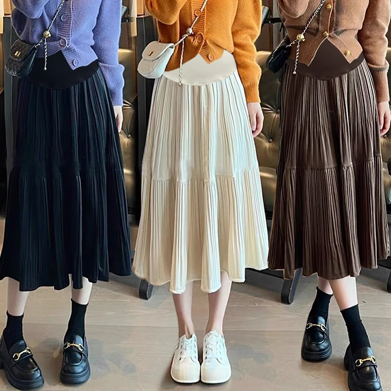 Autumn Winter Pregnant Woman Pleated Skirt Large Hem Fashion Maternity Velour Skirts High Waist Pregnancy Empired Skirts 85cm