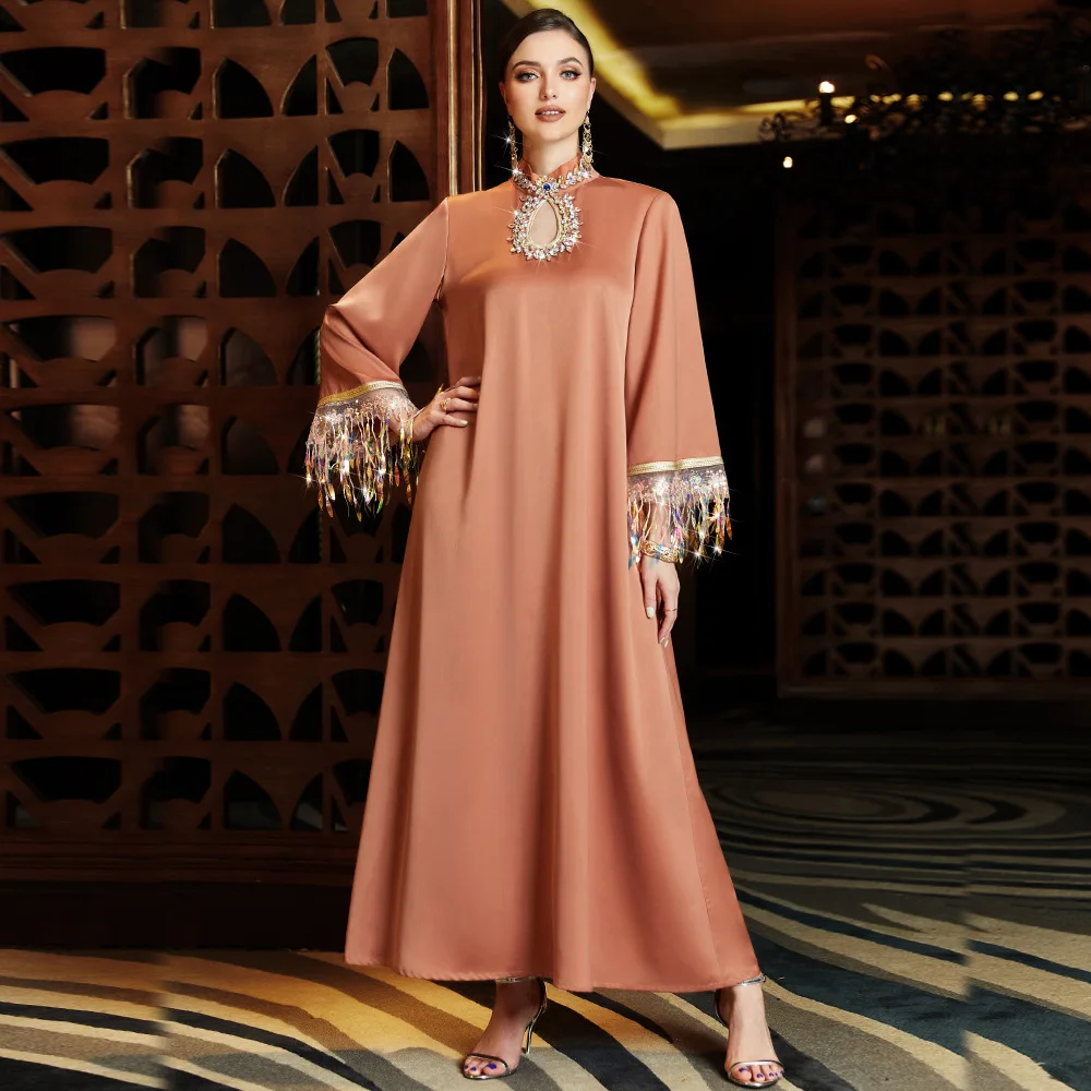 

Gradient Tassel Abaya Dress Women Chic Hand Sew Rhinestone Hollow out Stand Collar Long Sleeve Arab Dubai Party Robe