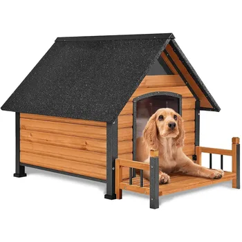 Dog House Outdoor Anti-Bite Metal Frame Design Wooden Dog Kennel Outside with Elevated Floor Weatherproof (Brown, 45 D 1