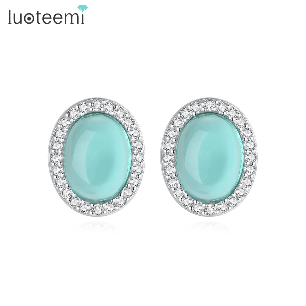 

LUOTEEMI Pink Green Simulated Gemstone Stud Earrings for Women Sweet Oval Small Cubic Zirconia Wedding Bridal Accessories