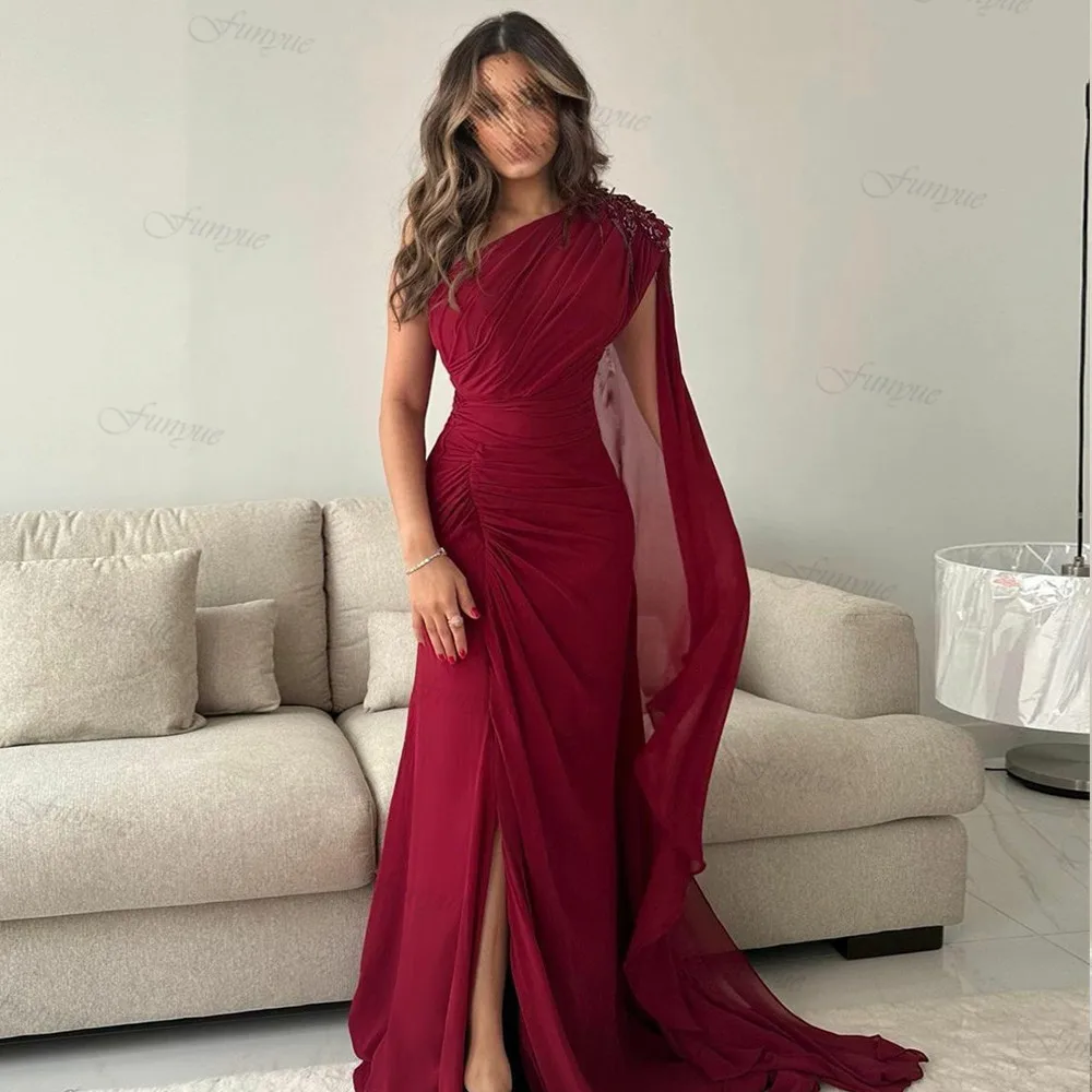 

Dubai Long One Shoulder Evening Dresses Mermaid Side Slit Burgundy Chiffon Pleated فساتين سهرة Women Prom Formal Dress
