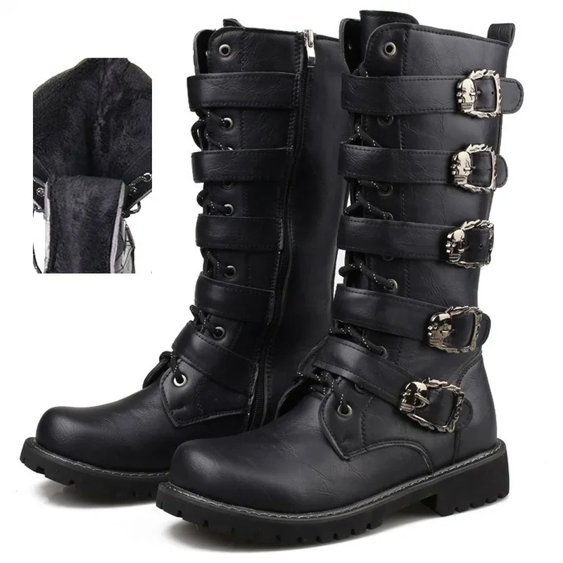 Large SizeMen's Leather Motorcycle Boots Mid-calf Combat Boots Gothic Belt Punk Men Shoes Tactical Boot