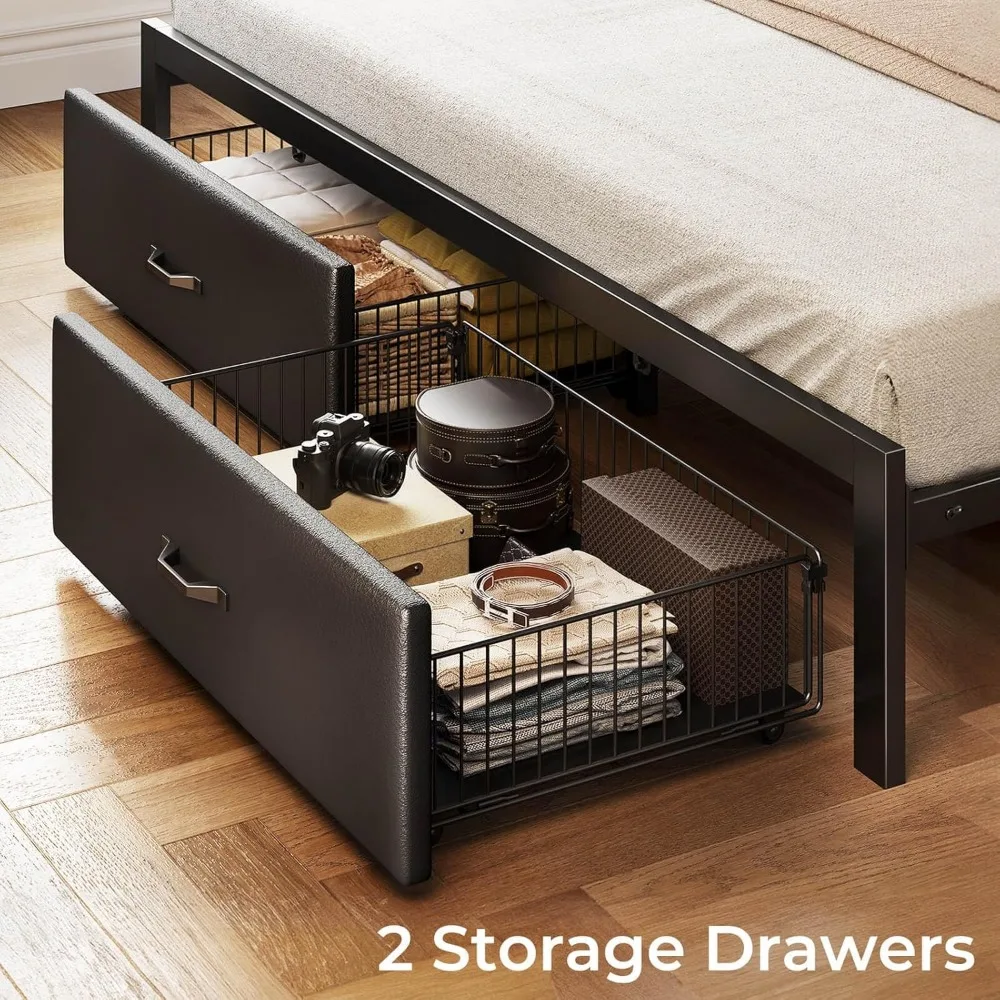 Bed Frame with Drawers，Charging Station,Upholstered Platform Bed w Storage Headboard LED Light, Heavy Duty Metal Frame Support 3