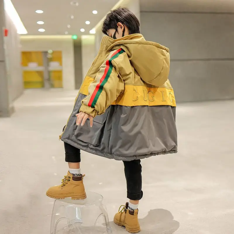 New Winter Children's Boy Thick Velvet Lining Jackets Outerwear Long style Clothes Hooded Teen Boys Windproof Parka Coats 5-12Y