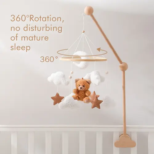 Wooden Crib Mobile Baby Bed Bell Rattle Toy Soft Felt Cartoon Bear Mobile bracket Newborn Music Box Bed Bell Hanging Bracket Toy - Image 2