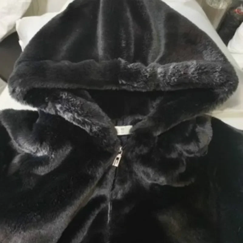 2023 Winter Women Fashion Faux Mink Coats Casual Hooded Zipper Black Warm Jackets Thick Faux Fur Overcoats Luxurious Plus Size