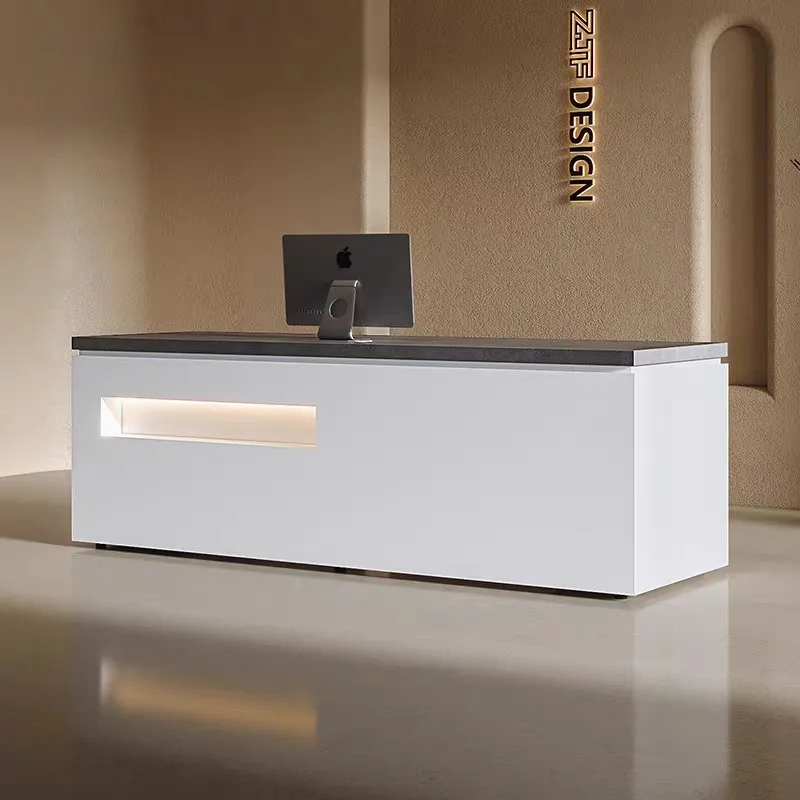 White Painted Counter Cash Desk Table Aesthetics Front Register Reception Store Customization With Light Bar Company Furniture