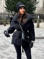 Solid Lapel Lace Up Cotton Coat Women Fashion Long Sleeve Warm Loose Pocket Short Coats Lady New Winter Commute Street Outwears 1