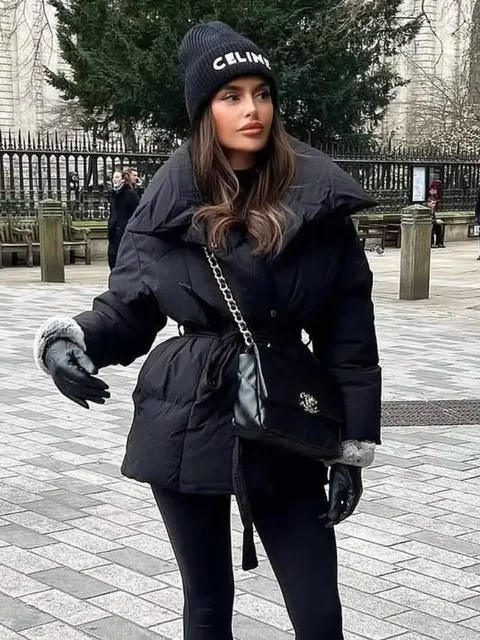 Solid Lapel Lace Up Cotton Coat Women Fashion Long Sleeve Warm Loose Pocket Short Coats Lady New Winter Commute Street Outwears 1