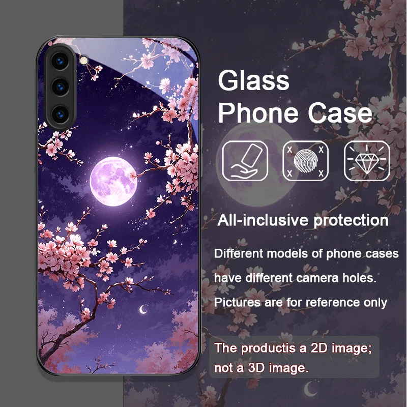 Retro Scenery Moon Cherry Blossom Tempered Glass Phone Case for Samsung Galaxy S25 Ultra S24 S23 S10 Plus S22 S21 S20 FE Covers 6
