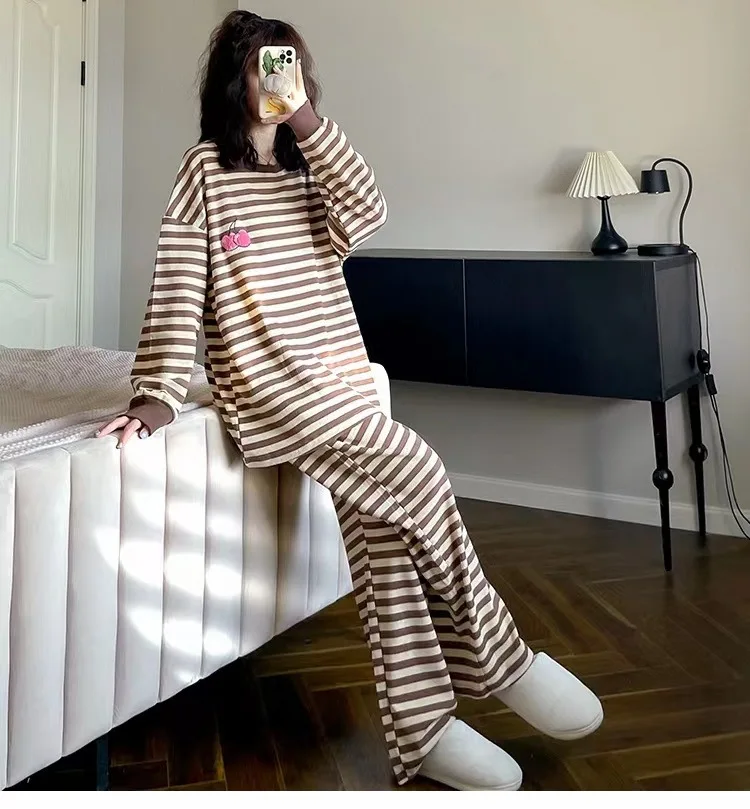 M-3XL Pyjama-Sets, Übergröße, Baumwoll-Pyjamas für Damen, neue Frühlings- und Herbst-Streifenanzüge für Damen, lässige Schlafanzüge, Hosen-Sets – Detail 27