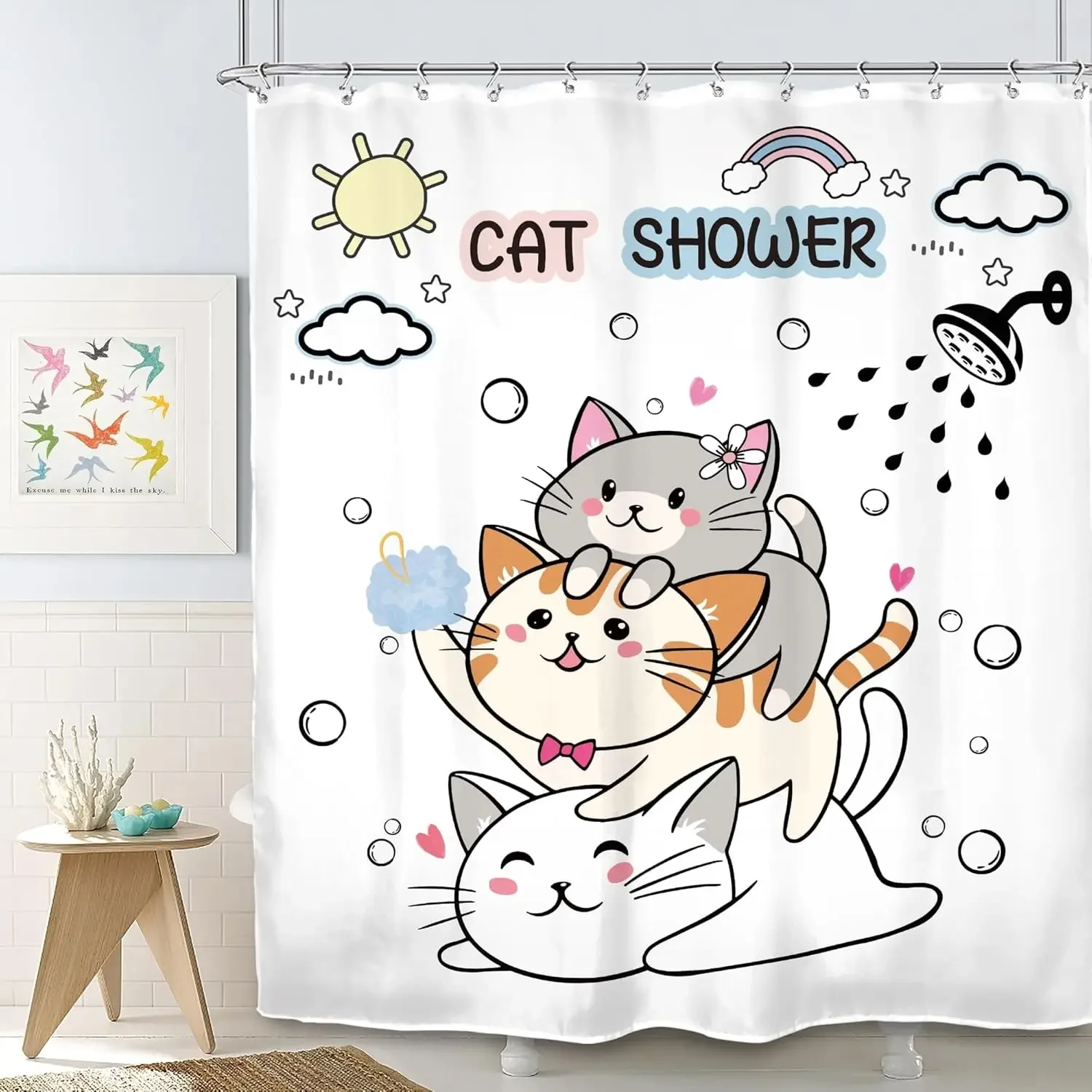 Hnmdmyi Rideau De Douche Chat 180x220, Drôle D'animal De Dessin Animé Chaton Coloré Beaux Animaux De Compagnie Enfants Garçons Filles Rideau De Bain Imperméable Tissu Polyester Lavable Rideau De Bain