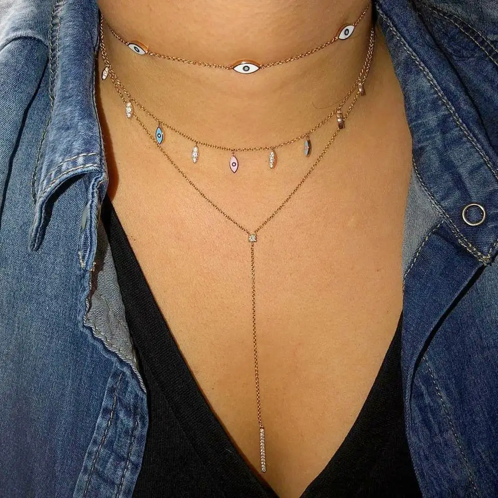 Evil Eye Charm Necklace enamel white cz link chain long Y lariat evil eye charm necklace
