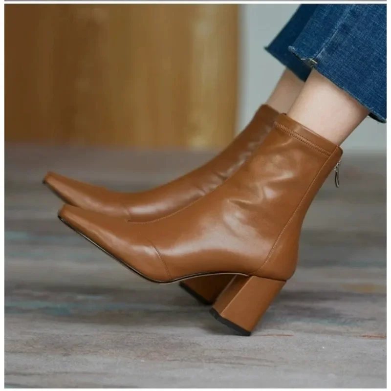 New 2023 Leather Women's Boot Back Zipper Square High Heels Solid Pointed Toe Shoes Party Ankle Boot Black White Brown