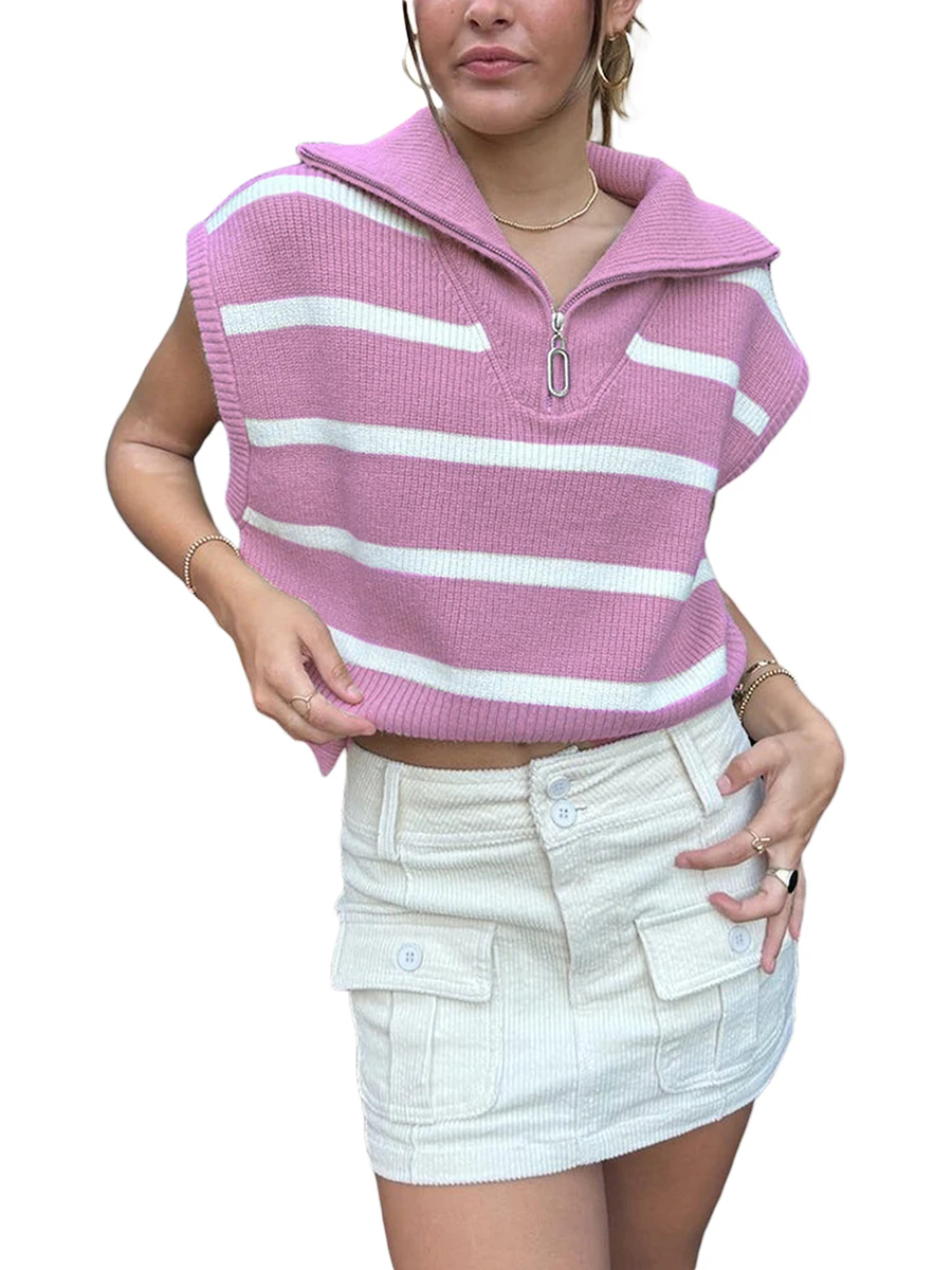 

Women Knit Vest Fashion Sleeveless Striped Sweaters Vest Summer E Girls Turn-down Collar Tops Streetwear