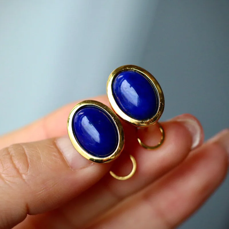 Real Natural Lapis Earrings Sterling 925 Silver Oval 10*14mm for Women Birthday Party Christmas Trendy Jewelry Gift