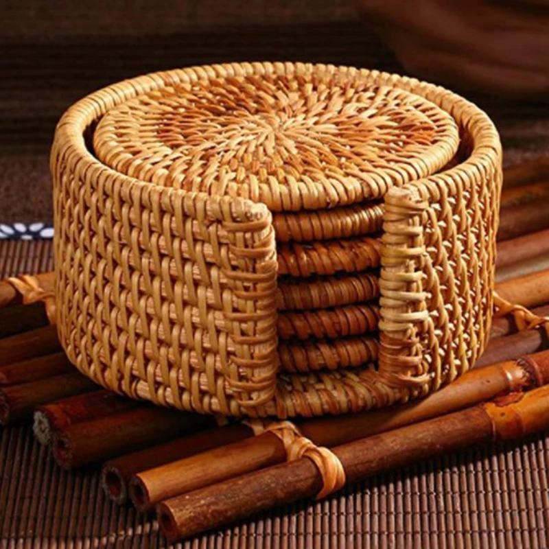 Set di 6 tovagliette rotonde in rattan intrecciate a mano con supporto, decorazi