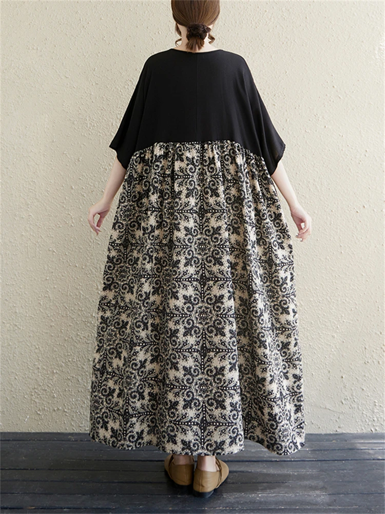 Cotton Vintage Casual Loose Print Women Dresses Short Sleeve Patchwork Dress Femme Vestidos Office Lady Elegant Summer Clothing